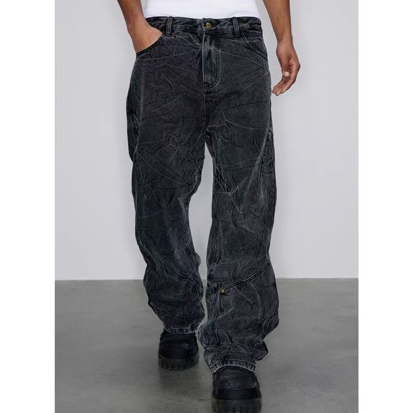 Men's Clothing Cleanfit Retro Snowflake Washed Jeans For Men Heavy Duty Distressed Ripple Pleated Vibe Straight Pants