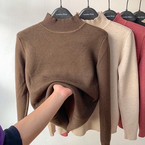 Women's Fleece-Lined Knit Turtleneck Sweater - Soft & Warm Winter Pullover With Plush Inner Layer, Cozy Half Mock Neck Design For Cold Weather