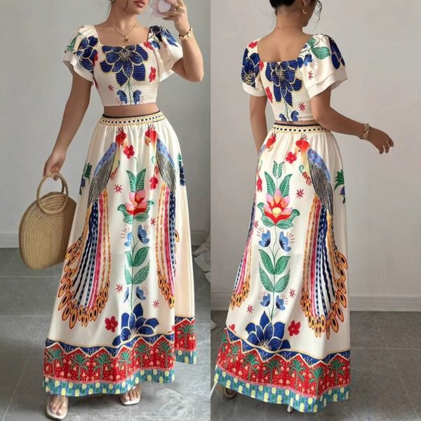 Women's Clothing New Printed Leisure Vacation Style Bohemian Short Sleeved Top Long Skirt Ladies Suit-image
