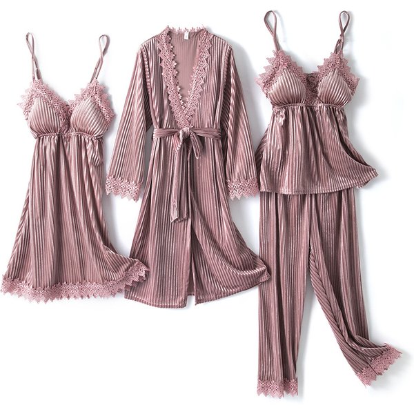 Striped gold velvet pajamas women's four-piece suit long-sleeved sexy nightgown with breast pads nightgown trousers home wear
