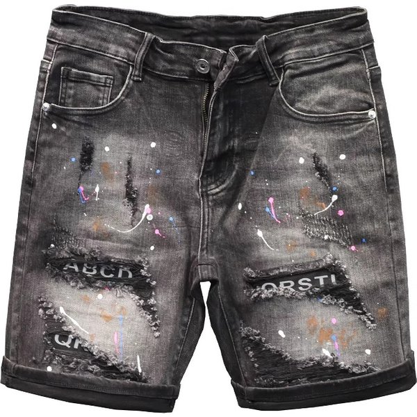 Men's Clothing Summer Trend Ink Splash Hole Retro Denim Shorts Trend Straight Thin Five Point Pants Youth Breeches