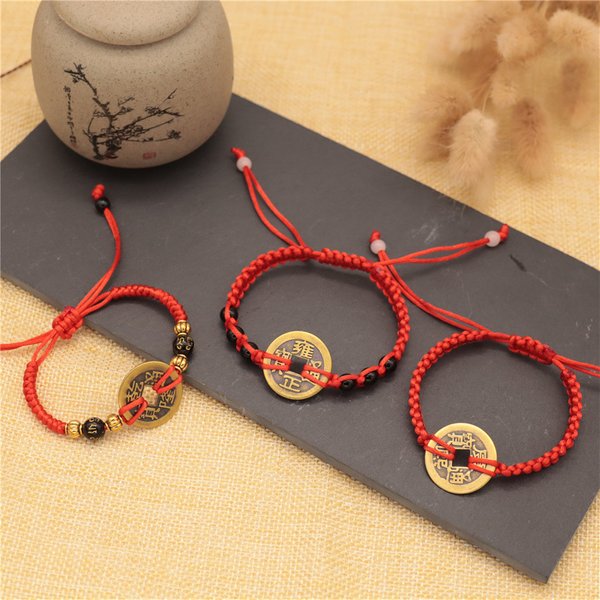 Lucky Fortune Five Emperor Coins Handmade Woven Pure Copper Coin Red Rope Bracelet For Men And Women