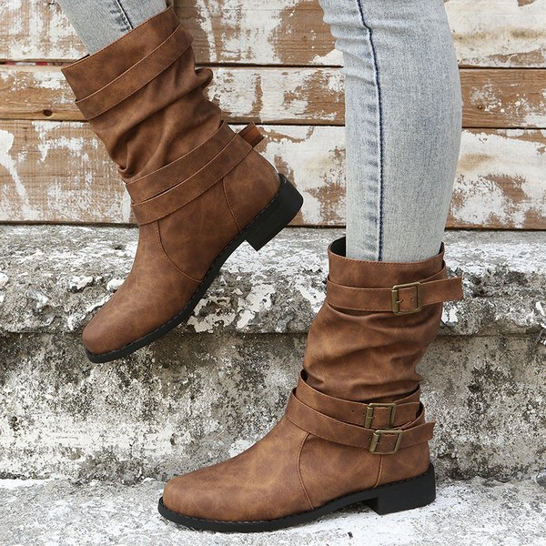Winter Round Toe Mid Calf Smoking Boots For Women Plus Size Pleated Style In Stock New
