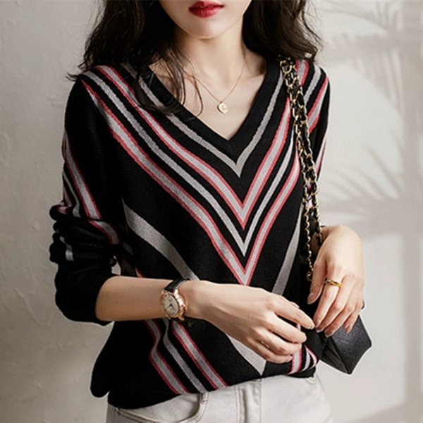 Women's Clothing Slim Fit V-Neck Striped Knit Sweater – Versatile Long Sleeve Pullover For Women (Black/White, M-XXXL)