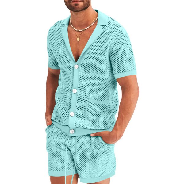 Men's Clothing Summer Suit Hollow Knitted Sweater Men's Casual Lapel T-Shirt Men's Sports Suit-image