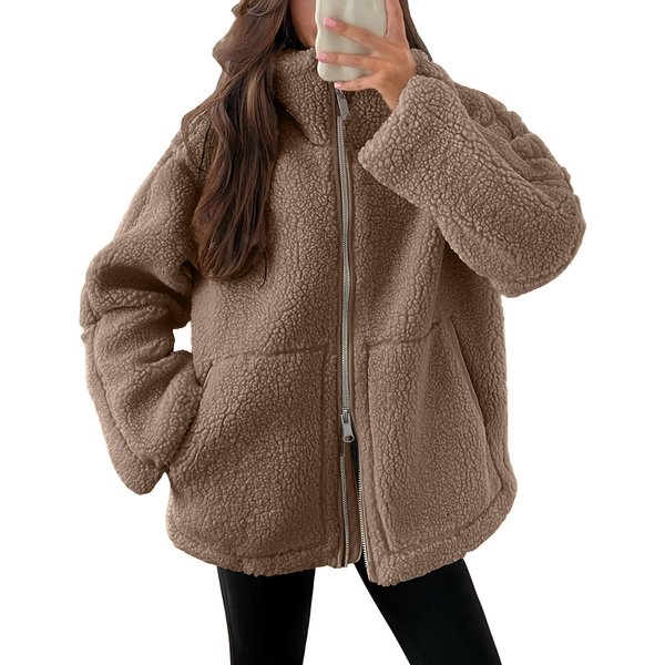 Women's Winter Fleece Coat With High Neck, Oversized Loose Fit, Warm And Cozy, Solid Color, Casual Elegance For Fall And Winter-image