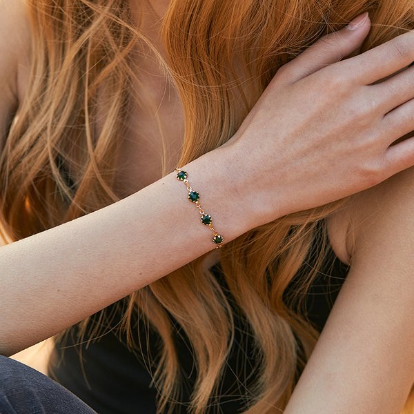 Retro Style Copper Plated K Real Gold French Bracelet Inlaid With Dark Green Zircon Texture Exquisite Jewelry-image