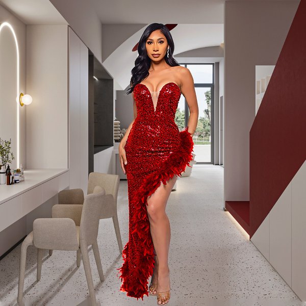 Women's Clothing Tube Top Backless Dress Pure Desire Style Temperament Feather Sequin Dress-image