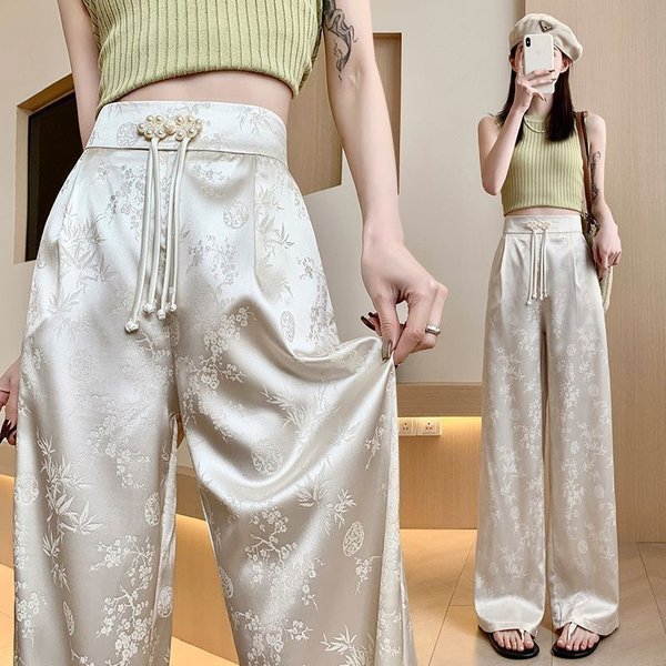 Women's Clothing High-Waisted Wide Leg Trousers Knot Button Detail Satin Jacquard Pattern Slimming Casual Floor-Length Spring/Summer Style