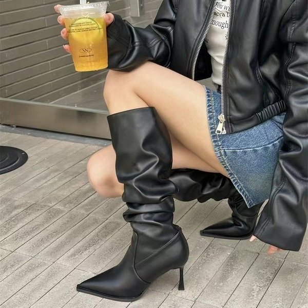 Pointy pleated high boots Women's fall skinny heel pile boots High heels above the knee