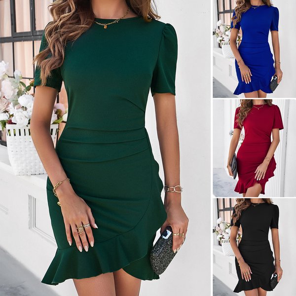 Women's Clothing Spring And Summer Temperament Elegant Solid Color Slim Hip Short Sleeved Dress-image