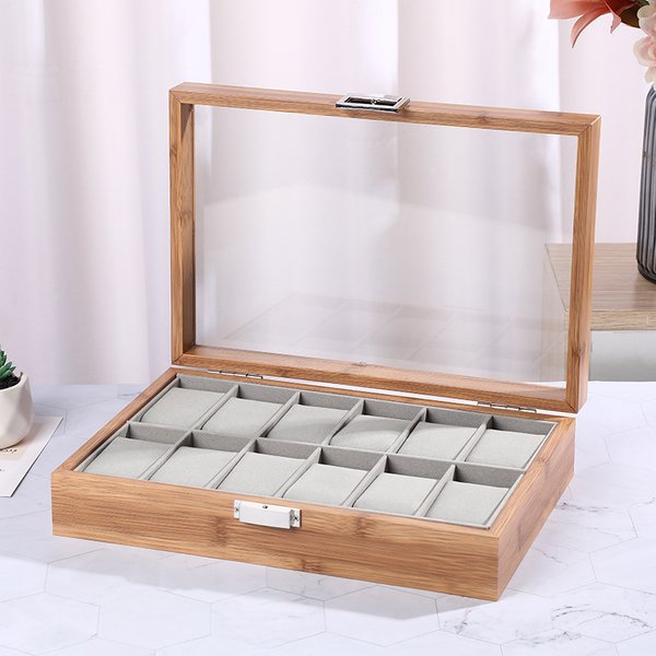 Coffret à Montres De Luxe En Palissandre – Grande Vitrine Avec Rangement Pour Bijoux En Bambou Et Bois-image