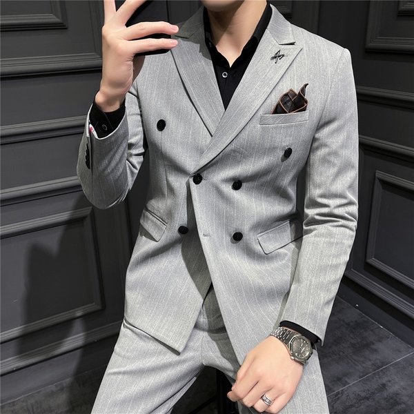 CT Gray Striped Set For Men Business Formal Casual Korean Slim Fit Wedding Banquet Tuxedo Men's Suit-image