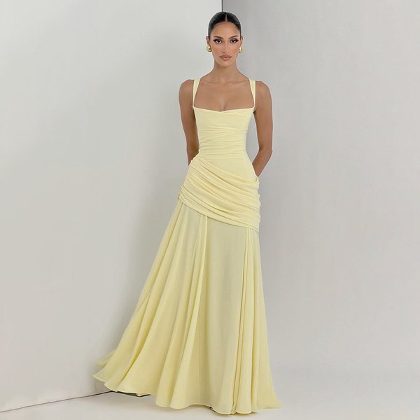 Women's Low Cut Pleated Dress Elegant Style Solid Color Backless Suspender Waist For Spring-image
