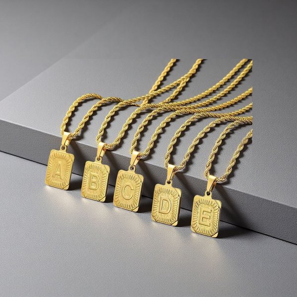Protection Talisman Jewelry New European And American Cross-Border Fashion Men's Gold Square Letter Pendant Necklace, Hip-Hop Style Stylish Twisted-image