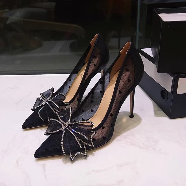 Women S Shoes High Stiletto Heels Versatile Bow Mesh Lace Pointed Toe Pumps Women Wedding-image