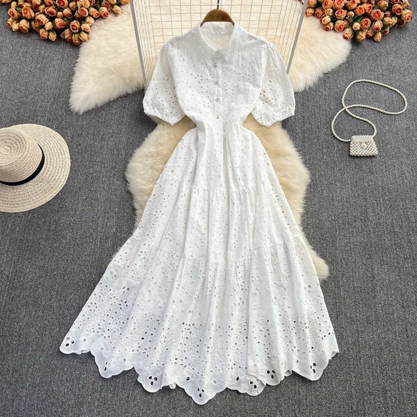 Spring And Autumn Korean Style High Waist Slim Puff Sleeve Doll Collar Dress Elegant Temperament Vacation Swing Long Skirt-image
