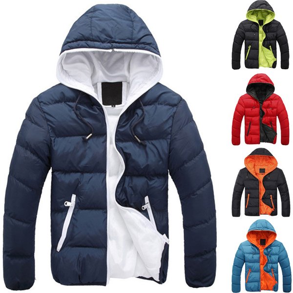 Men's Clothing Winter Jacket With Hood Lightweight Warm Coat Zipper Front Contrast Color Design Polyester Fill Loose Fit For Casual Outdoor Wear