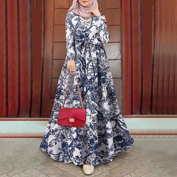 Women's Plus Size Women's Cotton And Linen Dress Long Skirt Retro Printed Pullover Robe Dress-image