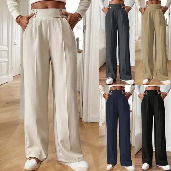 "Elegant High-Waisted Wide-Leg Trousers For Women – Soft Polyester Fabric, Comfortable Straight-Leg Design, Versatile Casual & Office Wear (Khaki,