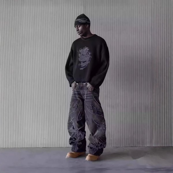 Men's Clothing Loose Wide Leg Retro Country High Setting Retro Black Patchwork Hole Jeans Hip Hop