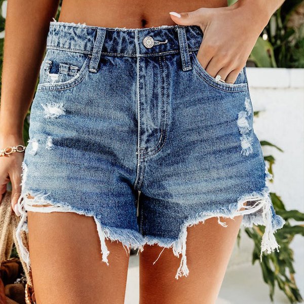 Women's Fashion Fringe Ripped Wash Short Jeans-image