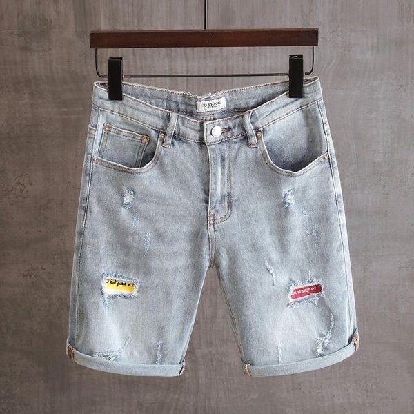 Summer thin blue embroidered denim men's versatile, perforated straight leg cropped shorts, loose elastic shorts
