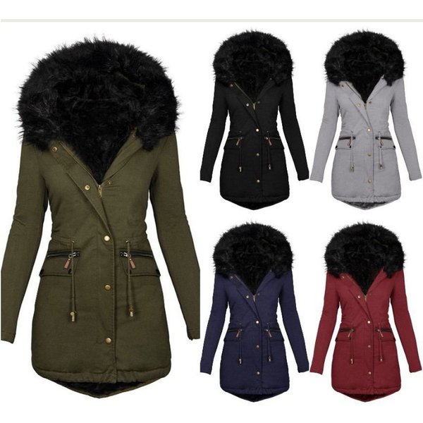Women's Fashion Autumn Winter Solid Color Fur Collar Hooded Long Warm Cotton-Padded Jacket-image