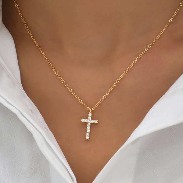 Cross-Border Zircon Inlaid Cross Pendant Bone Chain Women's Personality Light Luxury Ins Style Versatile Jewelry A4746-image