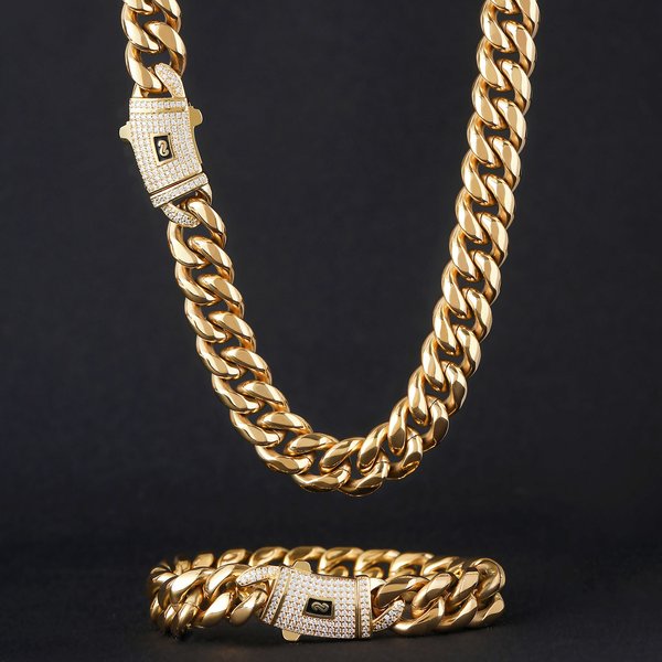 Men's Jewelry Set Fashion Stainless Steel Necklace Round Grinding Encryption Gold Cuban Chain Inlaid Zircon Spring Buckle Titanium Steel Chain