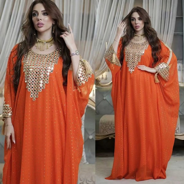 Elegant Muslim Abaya Dress With Embroidered Sequins - Flowy Chiffon Maxi Dress For Women - Dubai Style Long Robe-image
