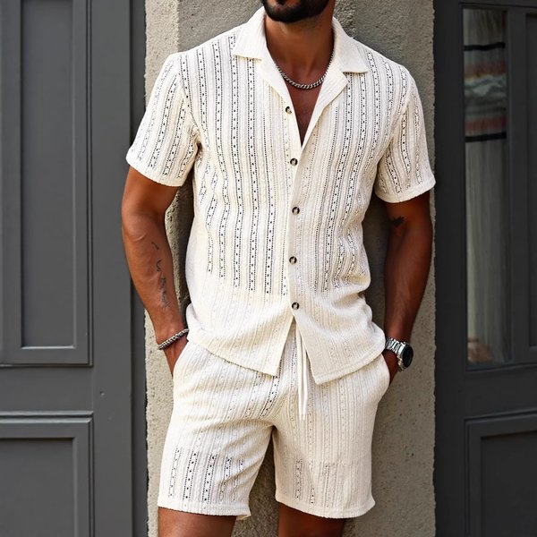 Men's Breathable Mesh Polo Shirt & Drawstring Shorts Set – Lightweight Apricot Casual Outfit Soft Apricot Hue