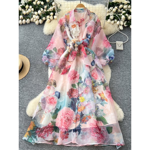 Women's Retro Court Style Floral Print Puff Sleeve Dress Tie Waist Unique Beautiful Ethereal Long Dress Autumn Fashion-image