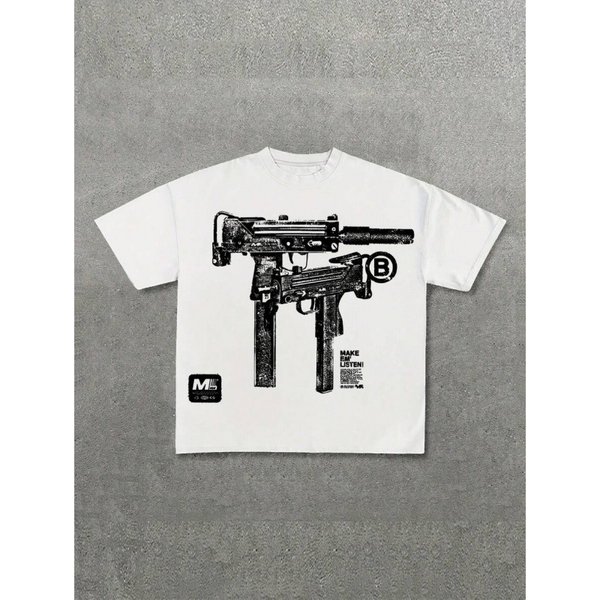 Military Graphic Print T-Shirt – MAC-10 Inspired Streetwear Tee For Teens, Unisex Urban Combat Style Cotton Top