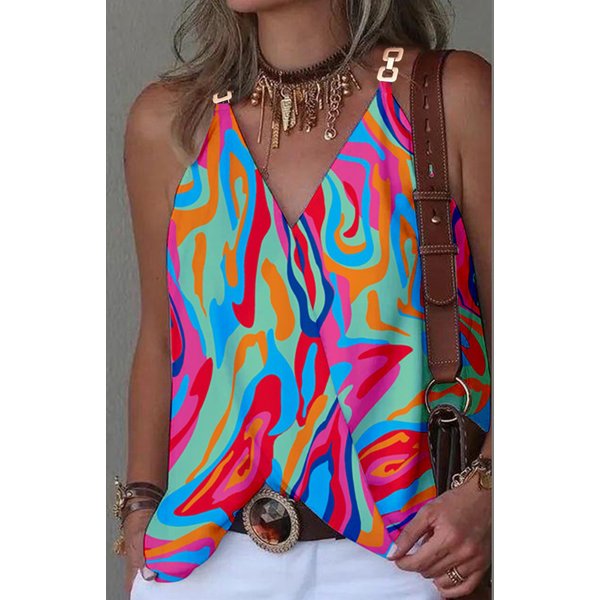 Women's Simple V-neck Metal Buckle Printed Small Vest Top
