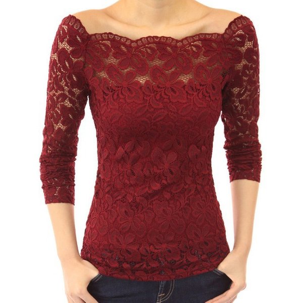 Women's Clothing Off Shoulder Lace One Shoulder Collar Long Sleeved Hollow Lace Shirt