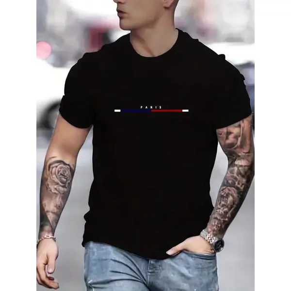 "Paris" Letter Pattern Print Men's Comfy Slightly Stretch T-Shirt, Graphic Tee Men's Summer Clothes, Men's Outfits-image