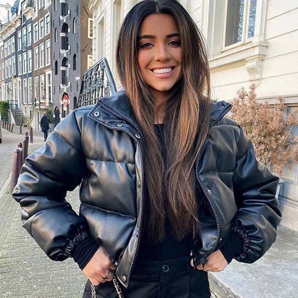 New European and American style PU leather cotton coat for women, stand collar, short warm bread coat, cotton coat, motorcycle, cool girl casual