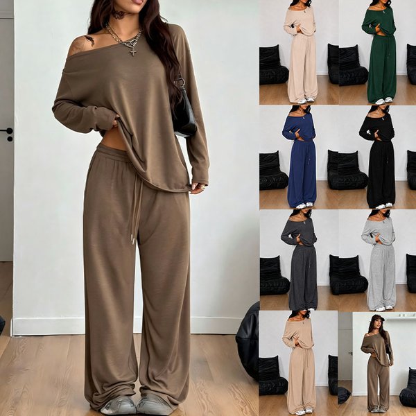 Hottest Solid Color Knitted Set Style Loose Long Sleeved High Waisted Straight Leg Pants Sexy Casual Two Piece Women's Clothing