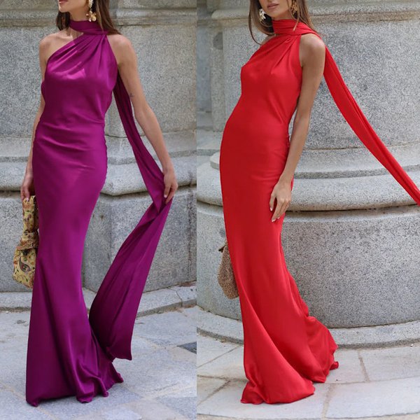 Women's Elegant Satin Dress Solid Color Halter Neck off Shoulder European American Style Party Evening Gown
