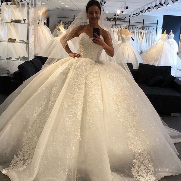 Women's Beaded Wedding Dress Elegant Sweetheart Tulle Lace Off Shoulder Bridal Gown Princess Ball Gown-image