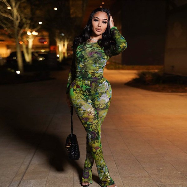 Women's Clothing Spring And Summer New Fashion Mesh Printing Tight Top Trousers Casual Suit-image