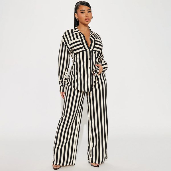 Women's Two-Piece Set Fashion Casual Home And Outing Striped Button-Down Shirt And Trouser Suit-image