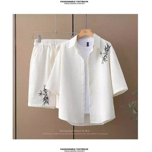 Men's Clothing Summer Suit Waffle Short Sleeved Shirt Men's Set Of Clothes Bamboo Leaf Embroidery Shorts Loose Trendy Two Piece Suit