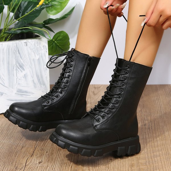 Large Size Autumn and Winter New Foreign Trade Korean Style Martin Boots Women's Round Thick Bottom Fashion Boots British Fan Car Boots Women's Cross-