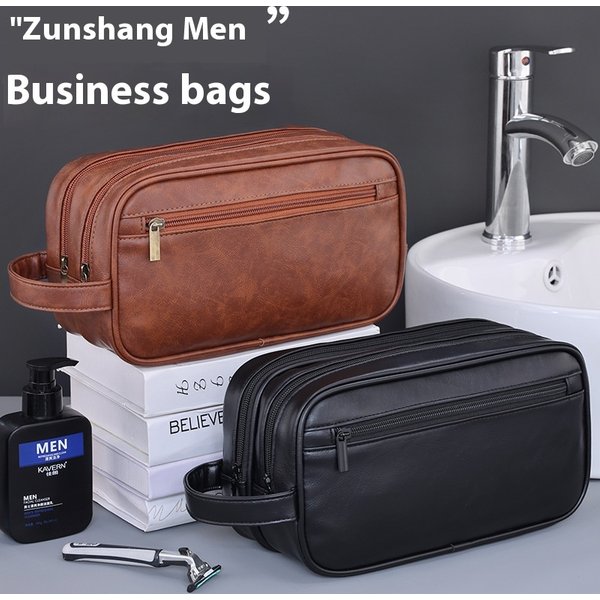 Business Travel Portable Double Layered Men's Waterproof Pu Makeup Large Capacity Premium Toilet Bag-image
