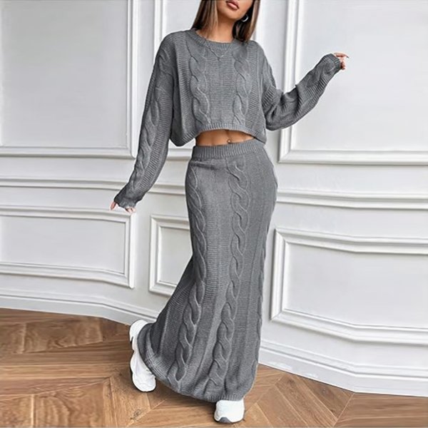 Women's Knit Dress & Sweater Set – Stylish Cable-Knit Long Dress With Round Neck Pullover, Casual Two-Piece Outfit