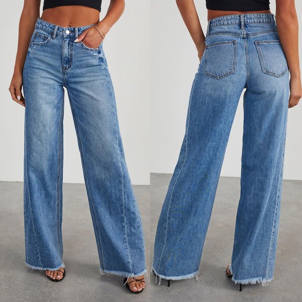 Women's Clothing Loose Wide Leg Side Seam Stitching Frayed Hem Jeans-image