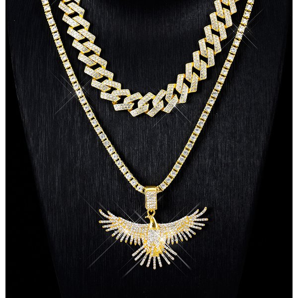 Hip hop all match personality eagle wings alloy full diamond pendant trendy cool street Cuban chain set