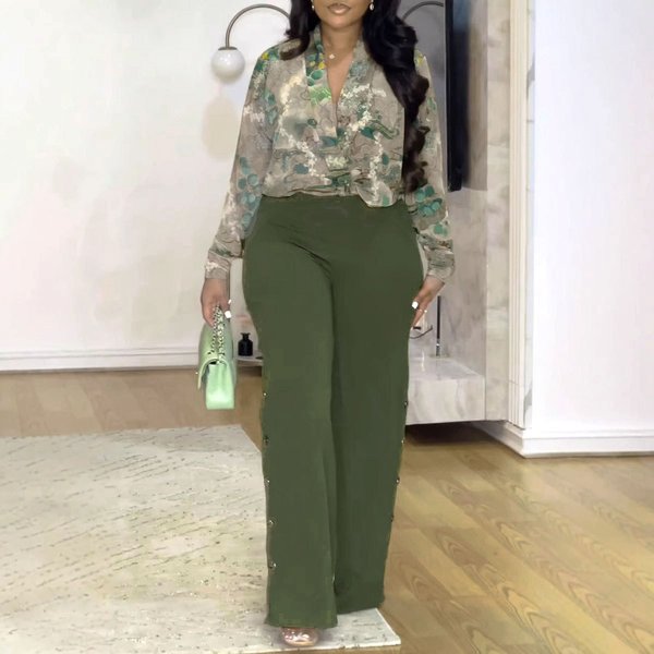Women's Clothing printed V neck shirt wide leg pants two piece suit